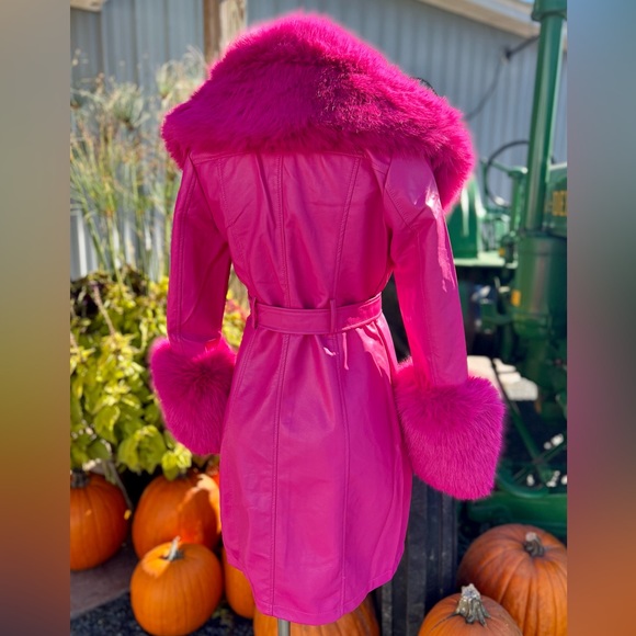 Pink Fur Trimmed Jacket with Vegan Leather Barbie Style - Picture 2 of 5